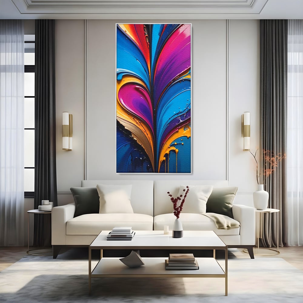Tablou canvas cu pictura abstracta cu valuri colorate, in rama de aluminiu argintiu, pe perete intr-un living
